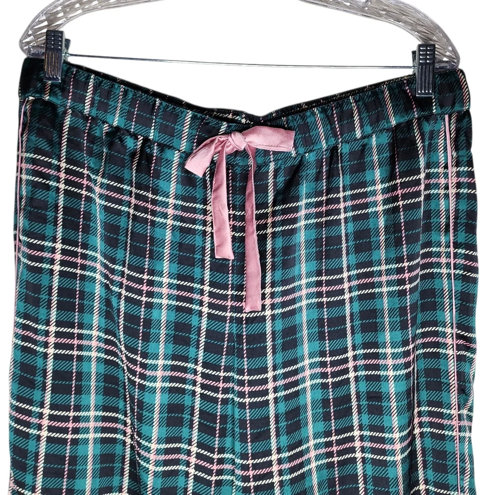 Ann Taylor‎ Sleep ~ Green & Pink Plaid Satin Pajama Set Size Large